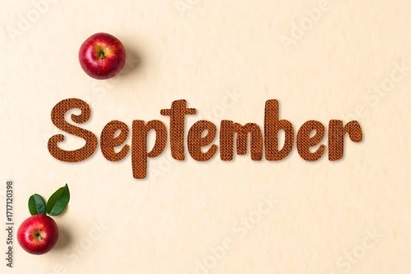 Fototapeta September word with apples and leaves on a light background