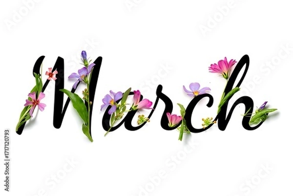 Fototapeta The word march written in elegant script adorned with delicate spring flowers