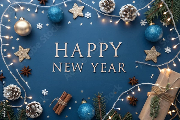 Fototapeta New Year Wishes: A festive New Year's composition featuring ornaments, stars, and a charming gift box on a festive backdrop.  A visual invitation to celebrate new beginning.
