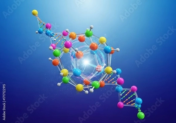 Obraz Colorful molecular structures and DNA strands illustrate complex scientific concepts.