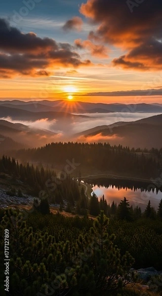 Obraz A breathtaking sunrise paints the mountain peaks and valleys in warm hues, showcasing a serene lake nestled amidst dense forests.