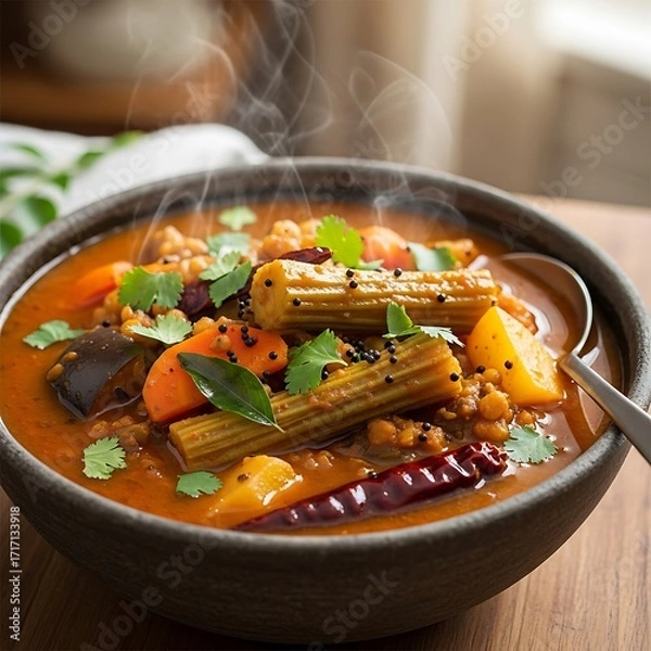 Obraz A hearty, flavorful stew brimming with vegetables, spices, and aromatic herbs, served steaming hot in a rustic bowl.