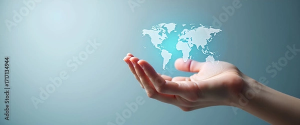 Fototapeta Showcasing Holographic Investment Opportunities Abroad: A Hand Presenting Global Investment Symbols Against a Minimalist Background for Stock Photo Concepts