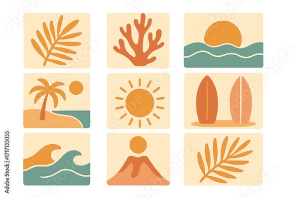 Fototapeta Summer Boho Nature Elements Set with Groovy Geometric Palm Leaf, Coral, Sunset, Sea, Beach, Surf, Abstract Tropical Icons, Freehand Style Vector Art