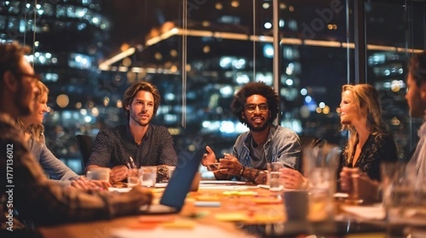Obraz Group meeting at night with city lights visible