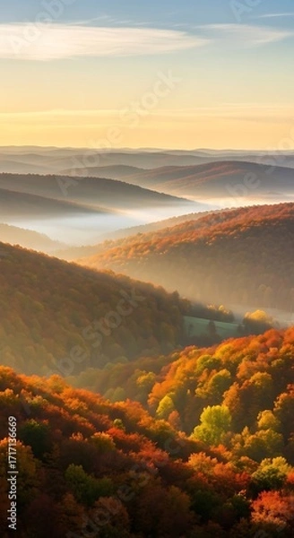 Obraz A breathtaking vista of autumnal hills, bathed in the golden light of sunrise, showcasing vibrant fall foliage and misty valleys.