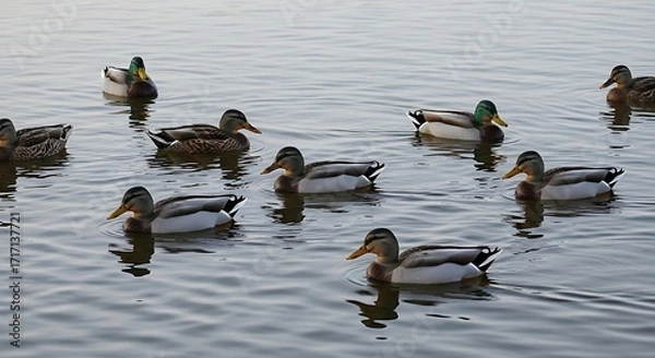 Obraz A tranquil scene of several ducks gracefully gliding on a calm lake surface.