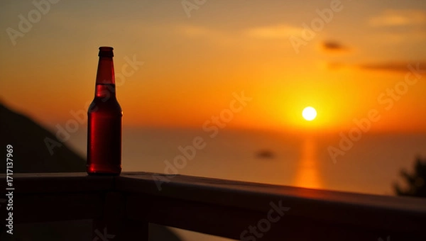 Fototapeta Stunning Atmospheric Sunset Landscape with Silhouette of Beer Bottle on Wooden Railing Overlooking Calm Sea - Perfect Photo Stock Concept for Relaxation and Serenity