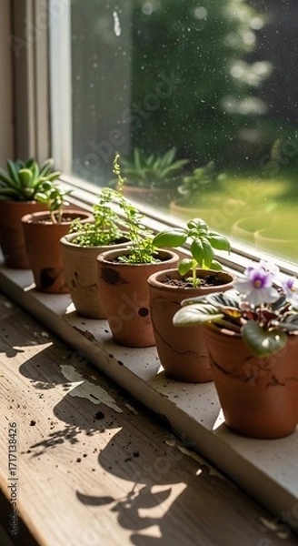 Obraz A row of terracotta pots holding various houseplants sits on a windowsill, bathed in natural sunlight.