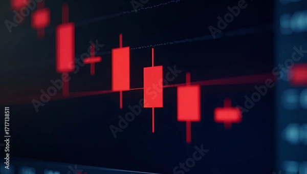 Fototapeta Photograph of trading platform screen capturing declining volume histogram with focus on red volume bars and price action in  Photo Stock  Concept  and empty space on the left side