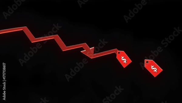Fototapeta Falling Stock Prices: Conceptual Image of Downward Arrow Cutting Through Red Share Price Tags on Black Background - Perfect for Financial Analysis and Market Trends