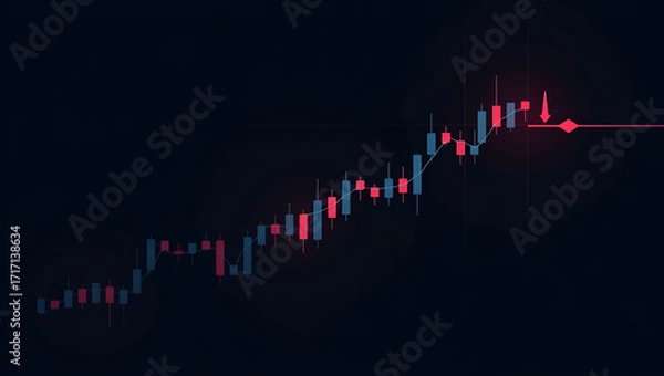 Fototapeta Bearish Candlestick Pattern Illustration: Entry & Exit Points with Volume Bars & Moving Averages on Dark Grid Background - Stock Photo Concept with Left Space for Text