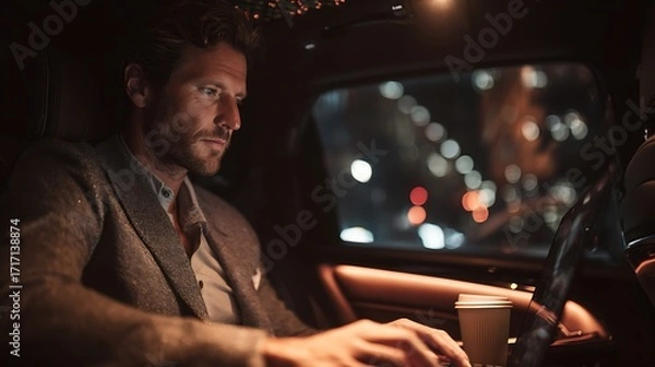 Obraz Man works on laptop inside car at night time