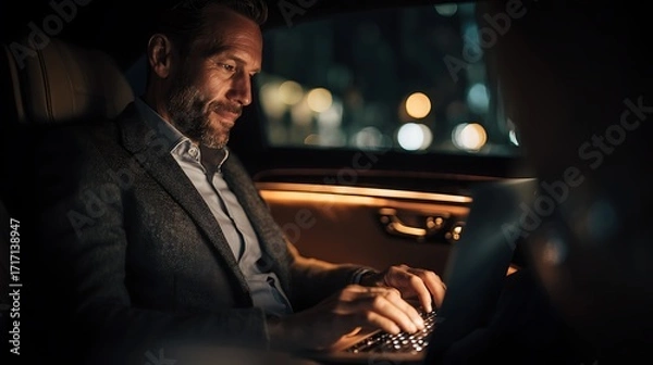 Obraz Man working on laptop in car at night time setting