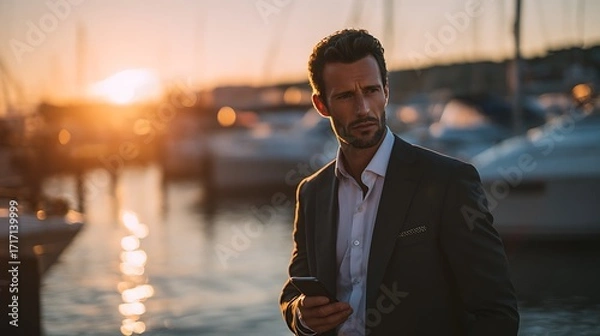 Obraz Man in suit at harbor during golden hour holding phone