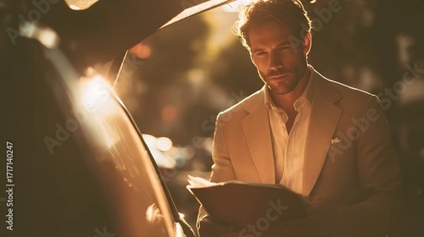 Obraz Man in suit reading documents by open car trunk