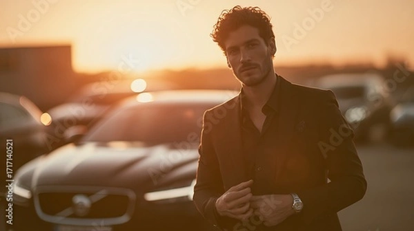 Obraz Man in suit with car at sunset golden hour portrait
