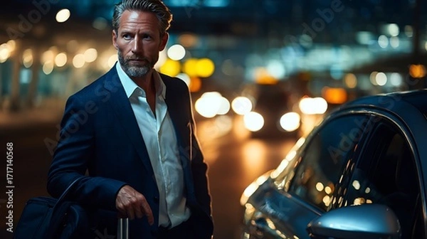 Obraz Man in suit with car at night blurred background