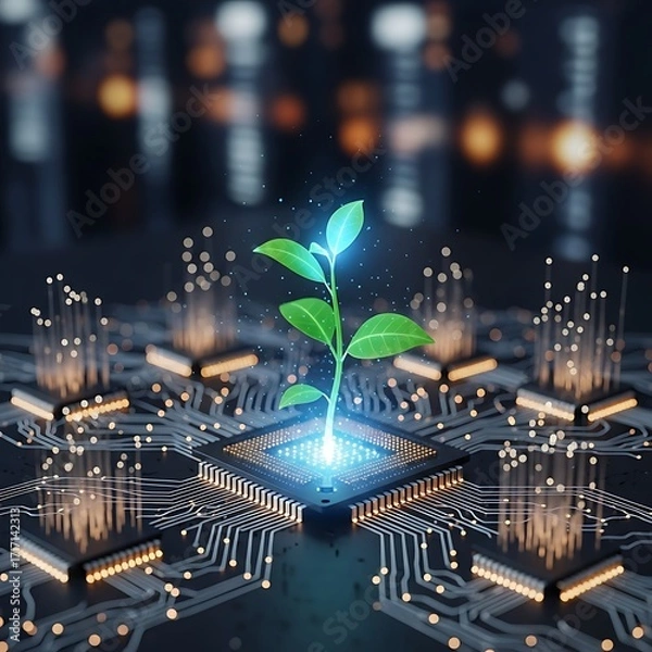 Obraz A vibrant sprout emerges from a glowing computer chip, symbolizing innovation and sustainable technology.