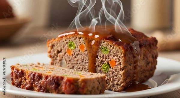 Obraz A close-up view of a steaming, sliced meatloaf, glistening with savory gravy, showcasing colorful vegetables within its texture.