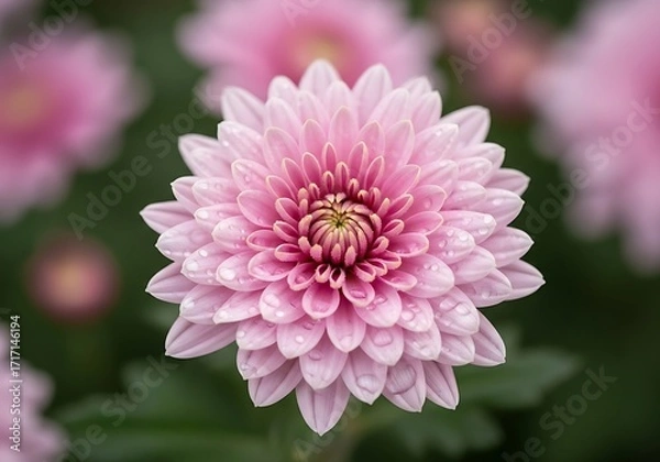 Obraz A close-up view of a delicate pink chrysanthemum, showcasing its intricate petals and glistening water droplets, creating a soft and serene aesthetic.