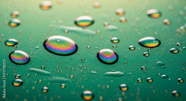Obraz A close-up view reveals numerous water droplets on a teal surface, showcasing vibrant iridescent rainbows within each drop.