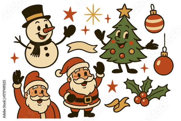 Obraz Merry Christmas retro collection of 40s and 50s mascot characters. Cheerful Santa Claus, snowman, and Christmas tree in an old animation style. Vintage holiday vector elements.