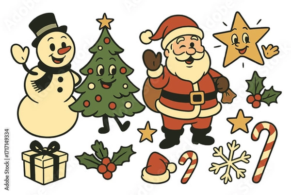 Obraz Merry Christmas retro collection with 40s mascot characters. Santa Claus, snowman, Xmas tree. Holiday elements in 50s, 60s old animation style. Vintage vector cartoon set.