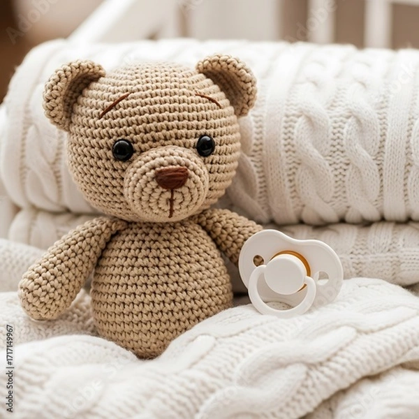 Obraz A crocheted teddy bear sits amongst soft, knitted blankets, alongside a pacifier, creating a cozy and comforting scene.