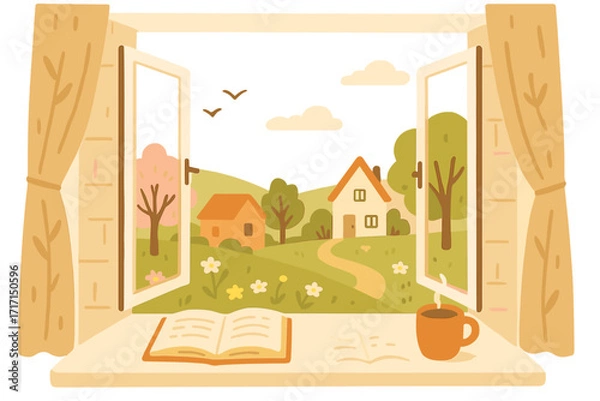 Obraz Cozy spring window view with charming countryside landscape, blooming trees, quaint houses, open book and steaming cup of coffee, warm flat hand-drawn vector illustration
