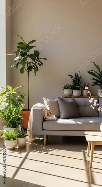 Obraz A light-filled living room boasts a gray sofa, potted plants, and natural light streaming through large windows.