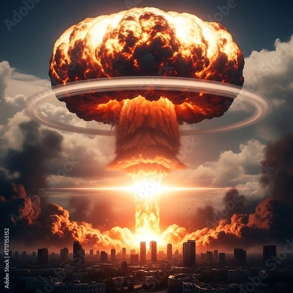 Obraz A powerful nuclear explosion engulfs a city, creating a devastating scene of destruction and intense heat.