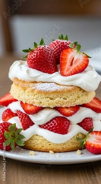 Fototapeta A delightful layered dessert showcasing a stack of light-colored cake layers, generously topped with whipped cream and fresh, vibrant strawberries, creating a visually appealing and delectable treat.