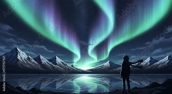 Obraz A solitary figure gazes at the vibrant aurora borealis above a frozen lake nestled amongst snow-capped mountains.