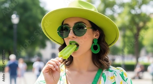 Obraz A stylish woman in a lime green hat and sunglasses enjoys a vibrant green popsicle outdoors.