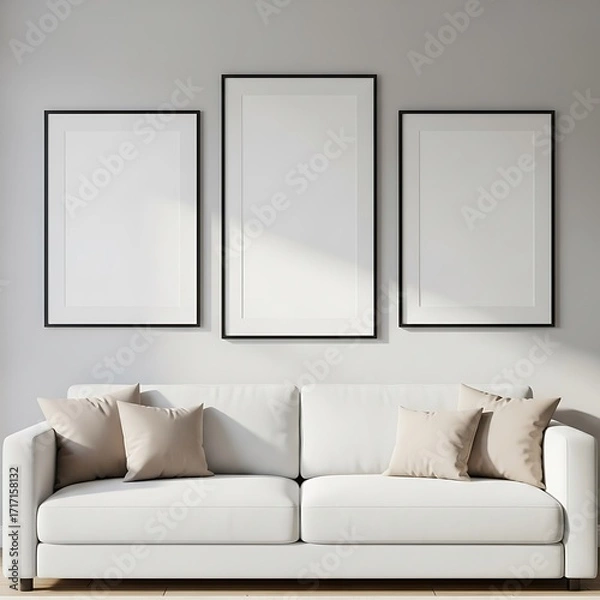 Fototapeta Three framed art pieces hang above a white couch with beige throw pillows in a bright, minimalist living room.