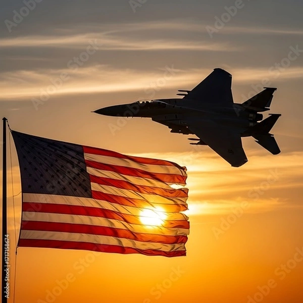 Fototapeta A majestic fighter jet soars through the sunset sky, elegantly positioned against a backdrop of an American flag, torn and rippled by the wind.