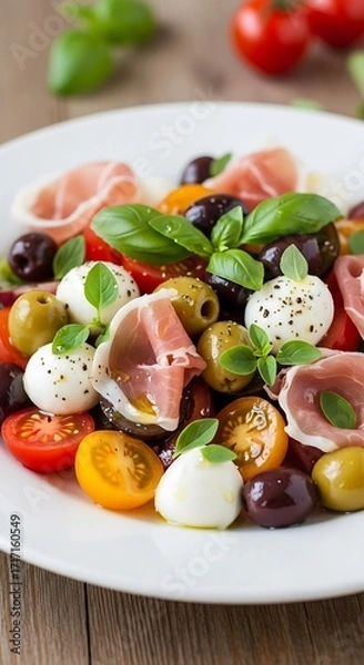 Obraz A colorful and appetizing salad featuring fresh mozzarella balls, colorful cherry tomatoes, olives, and prosciutto.