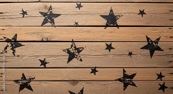 Fototapeta A rustic wooden plank surface is decorated with numerous distressed star designs.