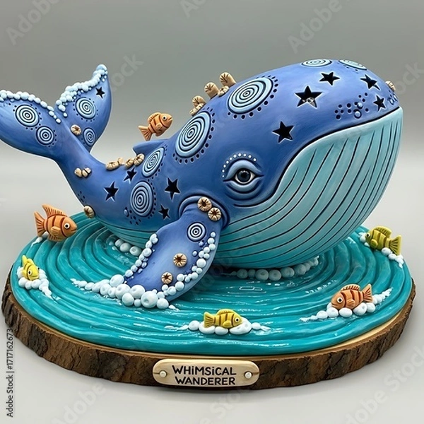 Fototapeta A detailed, decorative sculpture of a blue whale, adorned with intricate designs and small fish, resting on a stylized ocean base.