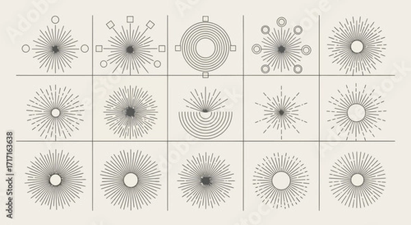 Fototapeta Vector Icons Set of Abstract Celestial Sunburst and Radial Line Art Elements Collection. EPS Editable