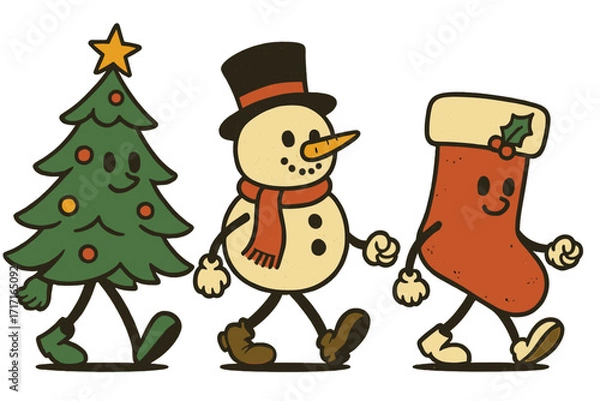 Fototapeta Holly jolly Christmas characters in trendy retro groovy style. Walking vintage mascots: Xmas tree, snowman, stocking. Festive holiday parade vector for greeting cards.