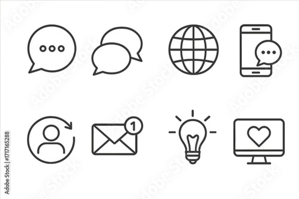 Fototapeta Digital communication thin line icon set. Vector icons for interaction, feedback, global reach, messaging, online presence, notifications, ideas, and social media like.
