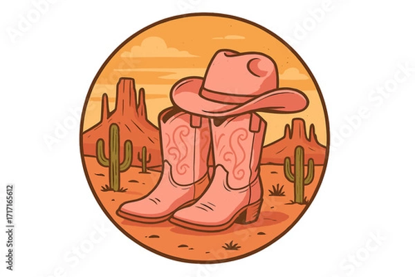 Fototapeta Pink cowgirl boots and hat in a western Arizona desert landscape. Vintage wild west concept with retro country style. American cowboy vector illustration for print or sticker.