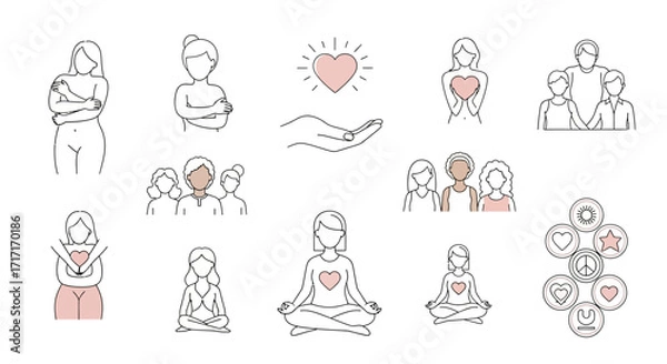 Fototapeta Vector Icons Set of Hand drawn doodle icon set of self love and mental health concepts. EPS Editable