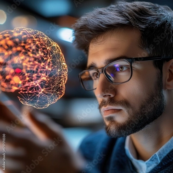 Fototapeta Young man with glasses exploring digital technology and innovation