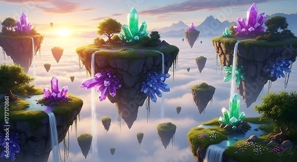 Fototapeta Floating islands adorned with colorful crystals, cascading waterfalls, and lush vegetation create a whimsical, ethereal landscape.