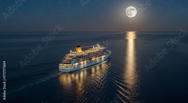 Fototapeta A majestic cruise ship cuts through a tranquil ocean at night, illuminated by the glow of its lights and the moonlight reflecting on the water under a star-studded sky.