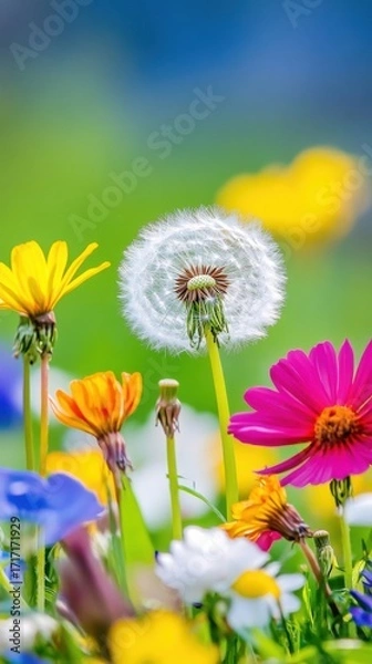 Fototapeta Vibrant Blossoms in the Spring with a Dandelion Focused Centerpiece