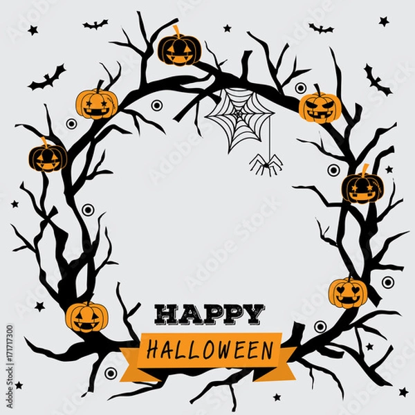 Fototapeta Happy halloween wreath design with black branch and pumpkin.